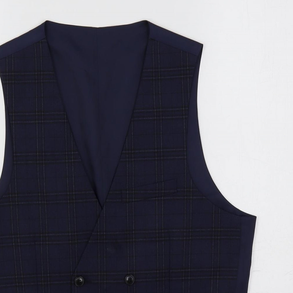 Marks and Spencer Mens Blue Plaid Polyester Jacket Suit Waistcoat Size 36 Regular