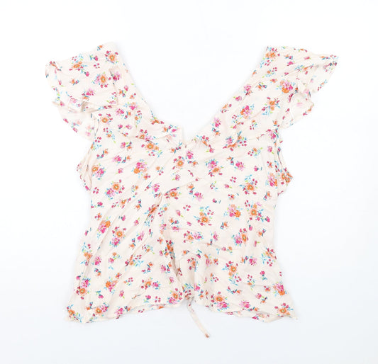 Nobody's Child Womens Pink Floral Viscose Basic Blouse Size 14 V-Neck