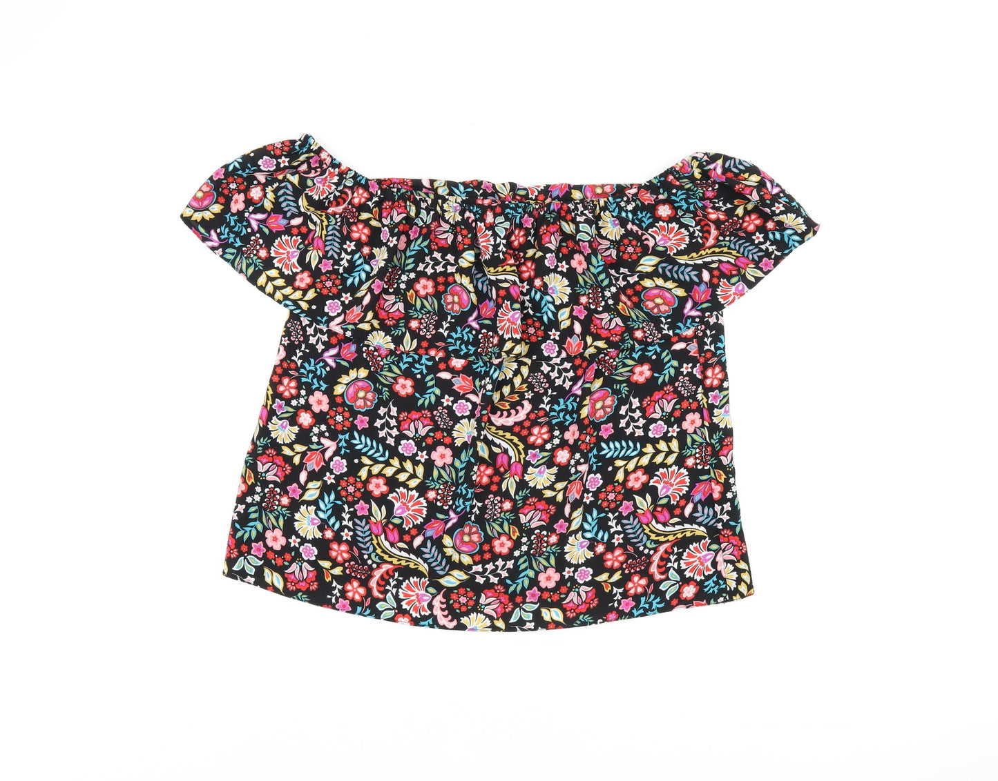 Dorothy Perkins Womens Black Floral Polyester Basic T-Shirt Size 8 Off the Shoulder