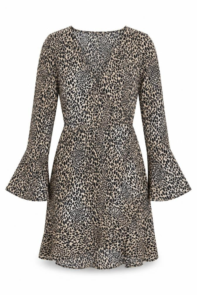 H&M Womens Brown Animal Print Polyester Wrap Dress Size 6 V-Neck Tie - Leopard Print