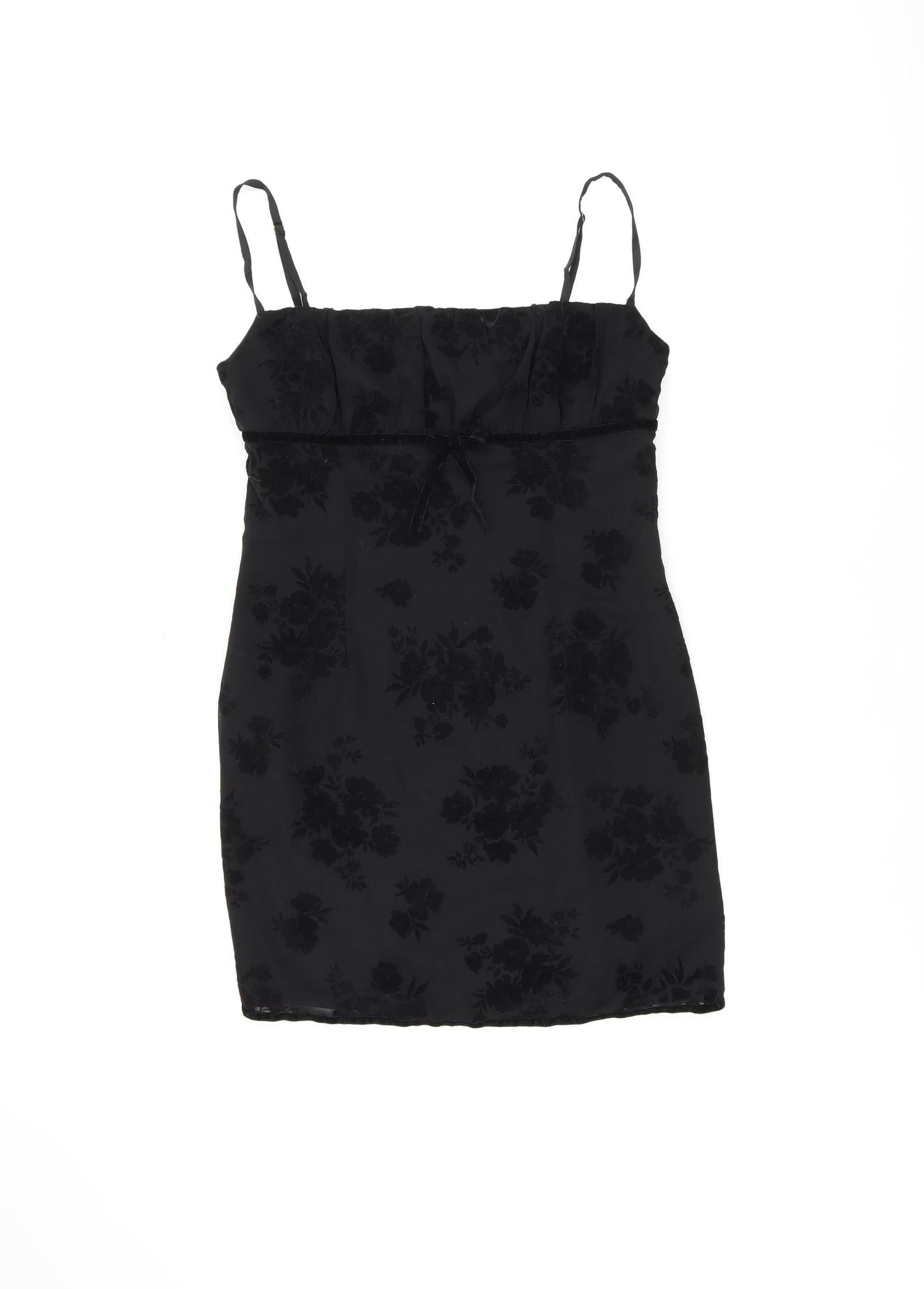 Polly Womens Black Floral Polyester Mini Size 12 Square Neck Zip