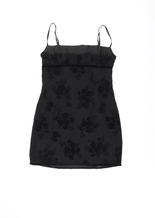 Polly Womens Black Floral Polyester Mini Size 12 Square Neck Zip