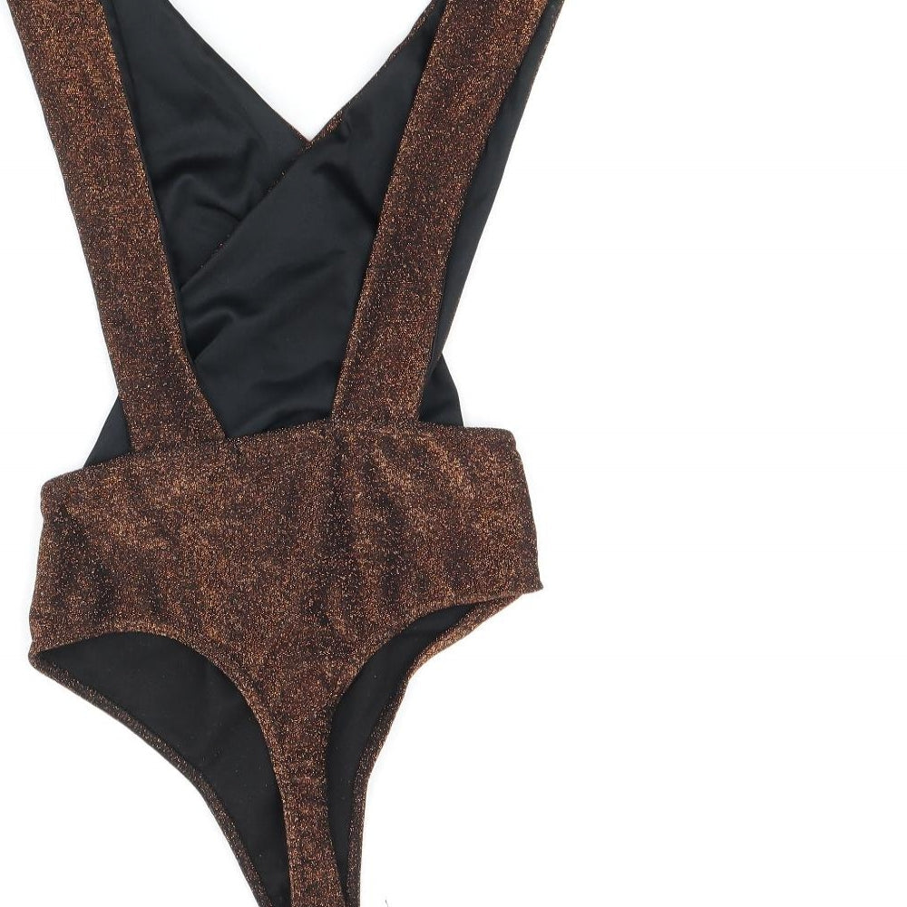 Edge Street Womens Brown Polyester Bodysuit One-Piece Size 10 Snap - Glitter Detail Open Back