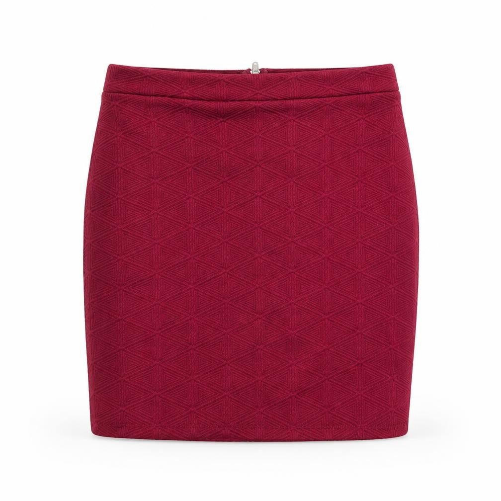 Front view of Miss Selfridge women’s red polyester mini skirt, size UK 8, zip