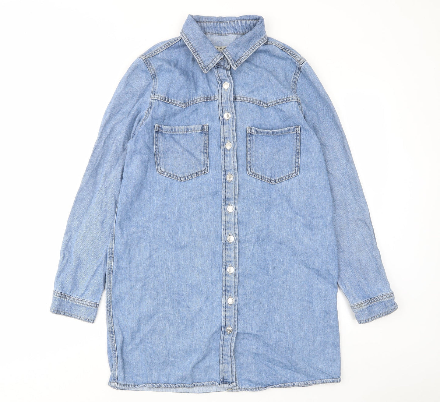 Denim & Co. Womens Blue Cotton A-Line Size 10 Collared Button - Pockets