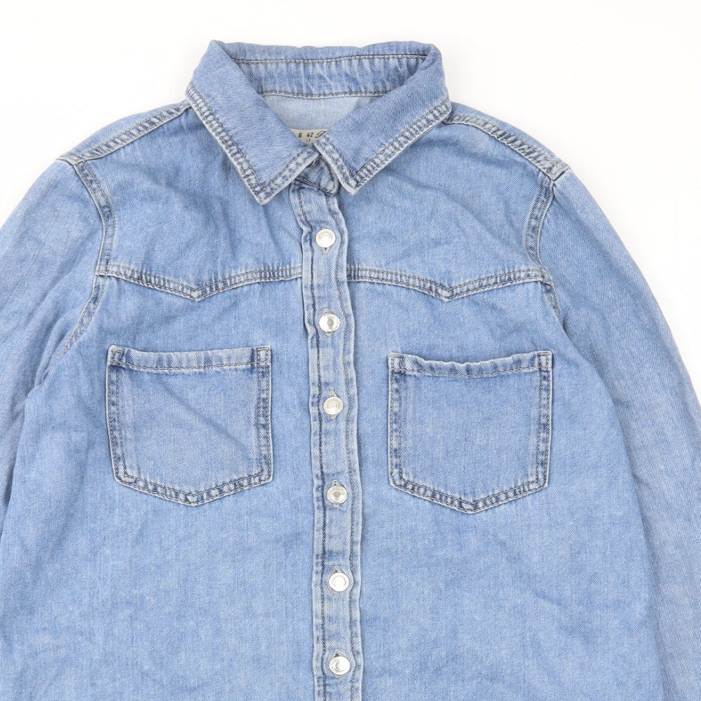 Denim & Co. Womens Blue Cotton A-Line Size 10 Collared Button - Pockets