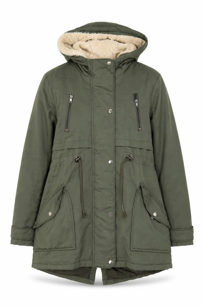 Front view of ASOS women’s green parka coat, size UK 8, zip
