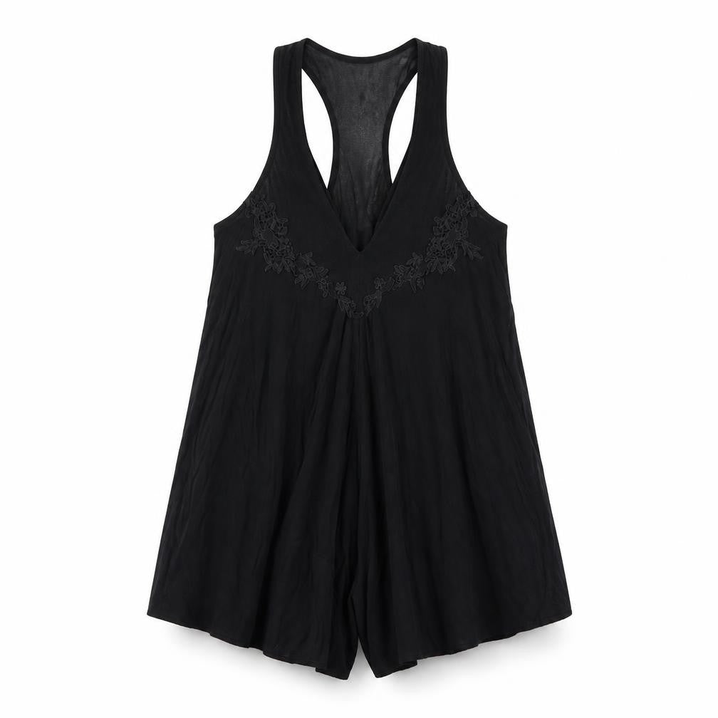 Out From Under Womens Black Polyester Playsuit One-Piece Size M Button - Floral Embroidery