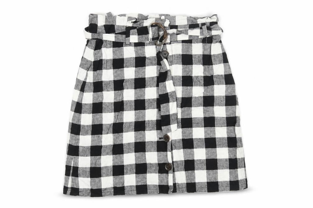 Front view of ASOS women’s black check polyester a-line skirt, size UK 8, button - belted