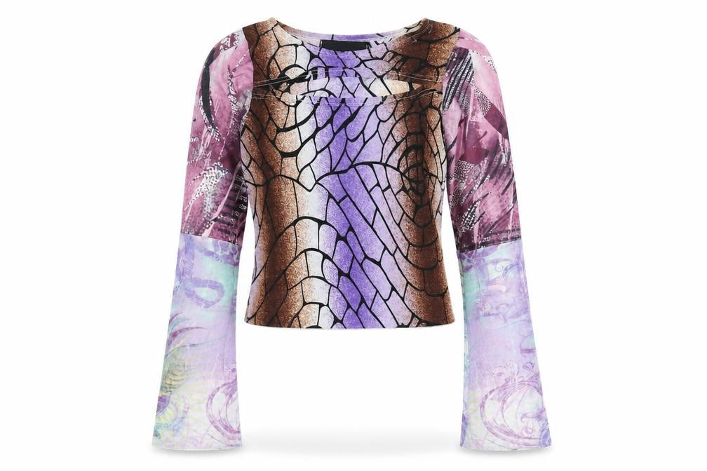 Glass Onion Womens Multicoloured Geometric Polyester Cropped T-Shirt Size 8 Round Neck - Flare Sleeves