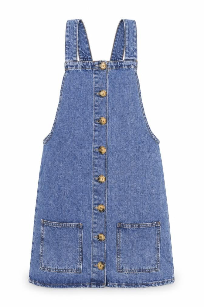 Denim & Co. Womens Blue Cotton Pinafore/Dungaree Dress Size 8 Square Neck Button - Pinafore
