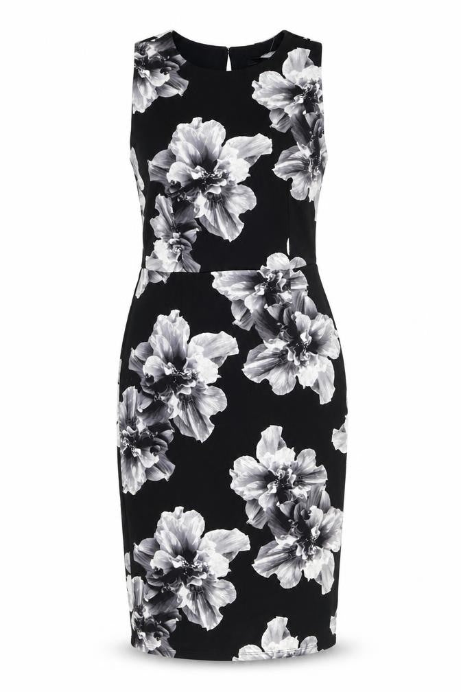 K&D London Womens Black Floral Polyester Pencil Dress Size 10 Round Neck Button