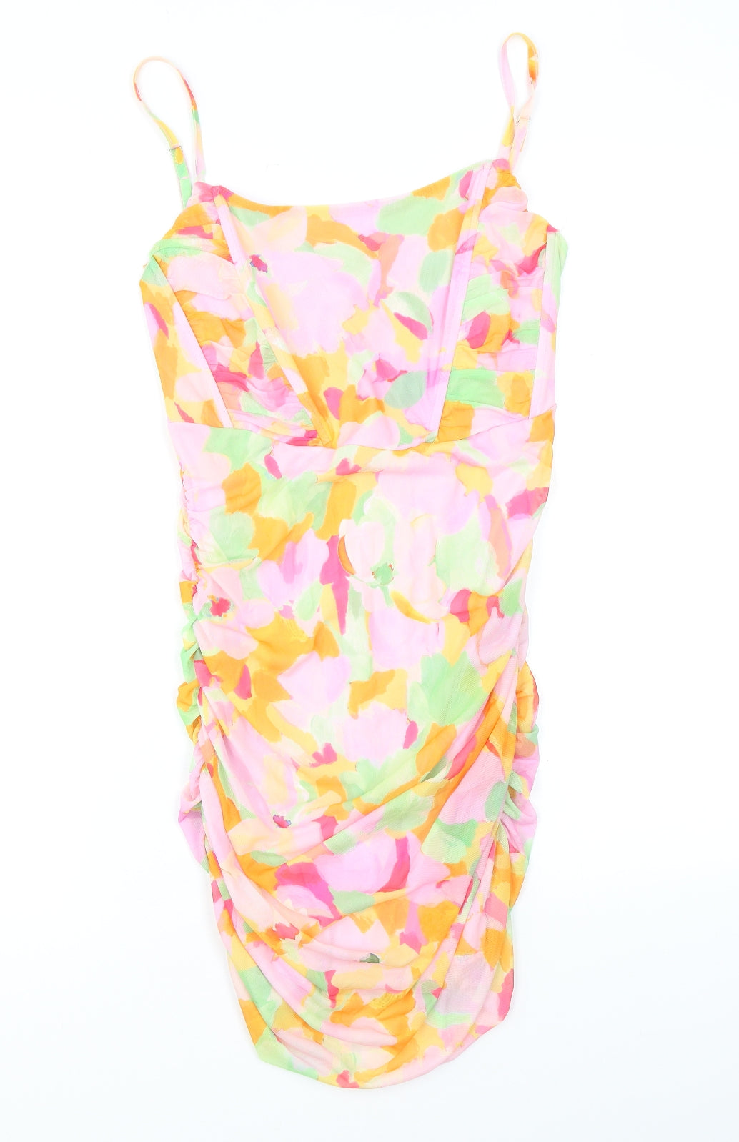 Stradivarius Womens Multicoloured Geometric Polyester Bodycon Size L Square Neck - Ruching, Boning