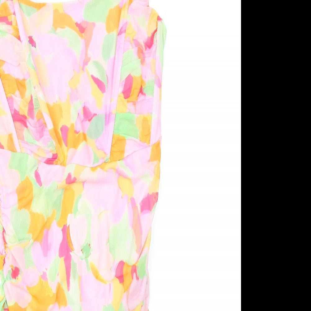 Stradivarius Womens Multicoloured Geometric Polyester Bodycon Size L Square Neck - Ruching, Boning
