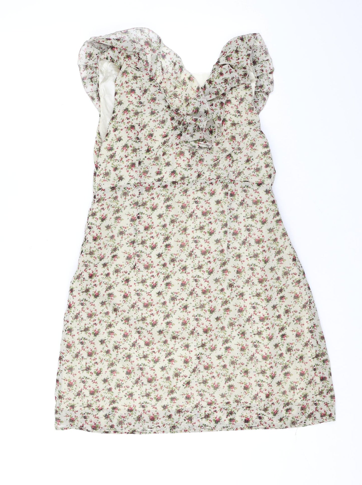 Madam Rage Womens Beige Floral Polyester Mini Size 12 V-Neck Zip