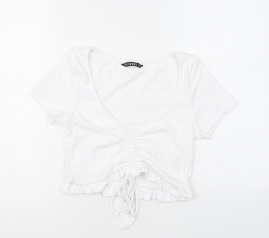 Dunnes Stores Womens White Cotton Cropped T-Shirt Size M V-Neck - Ruched