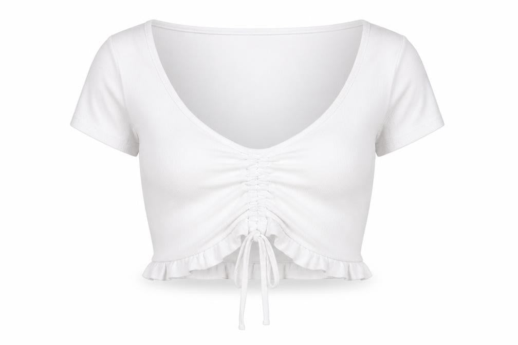 Dunnes Womens White Cotton Cropped T-Shirt Size M V-Neck - Ruched