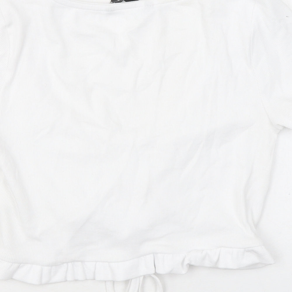 Dunnes Stores Womens White Cotton Cropped T-Shirt Size M V-Neck - Ruched