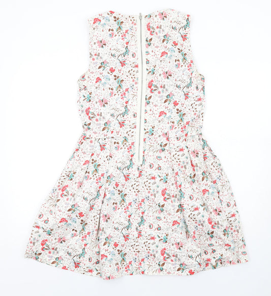 Gap Womens Ivory Floral Cotton Fit & Flare Size 10 Round Neck Zip