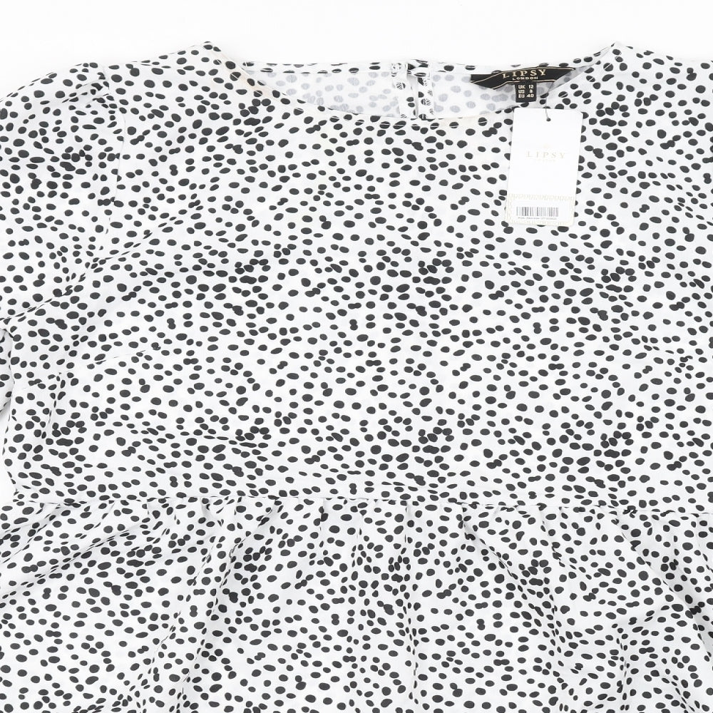 Lipsy Womens White Polka Dot Polyester A-Line Size 12 Round Neck Button