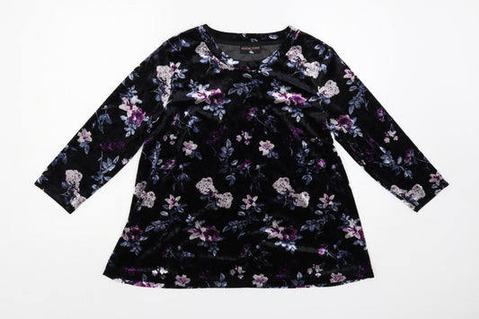 Anna Rose Womens Black Floral Polyester Basic Blouse Size S Round Neck