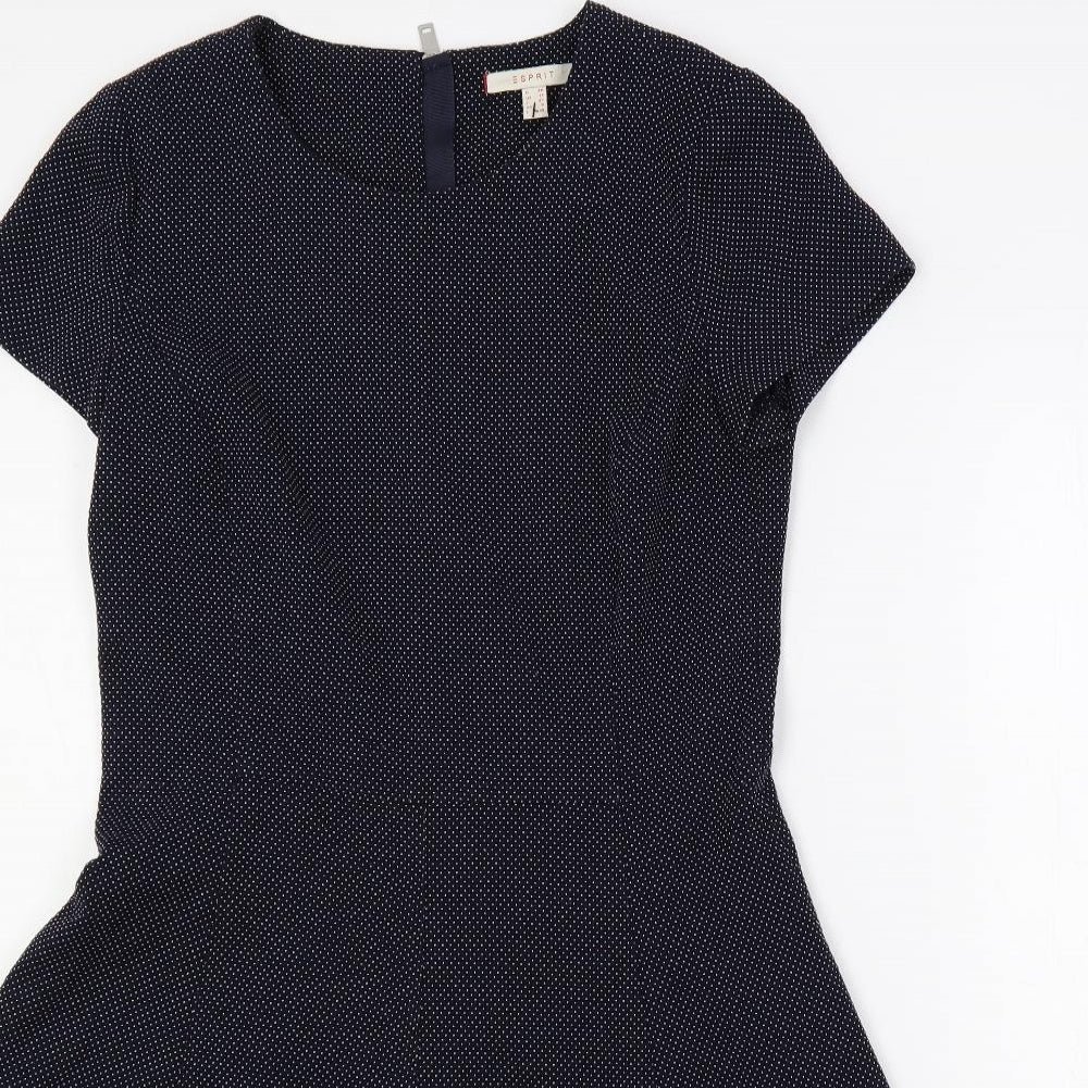 Esprit Womens Blue Polka Dot Polyester Fit & Flare Size 10 Round Neck Zip