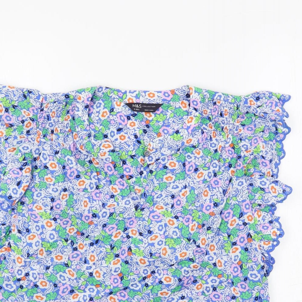 Marks and Spencer Womens Multicoloured Floral Cotton Basic Blouse Size 6 V-Neck - Ruffle