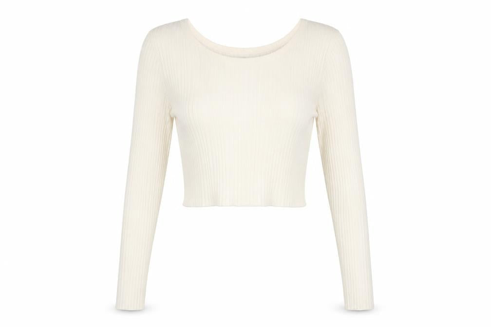 Front view of ASOS women’s beige acrylic cropped t-shirt, size UK 10, round neck - twist detail on back