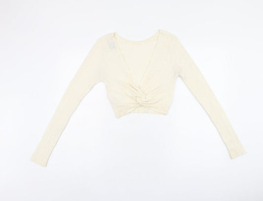 ASOS Womens Beige Acrylic Cropped T-Shirt Size 10 Round Neck - Twist Detail On Back