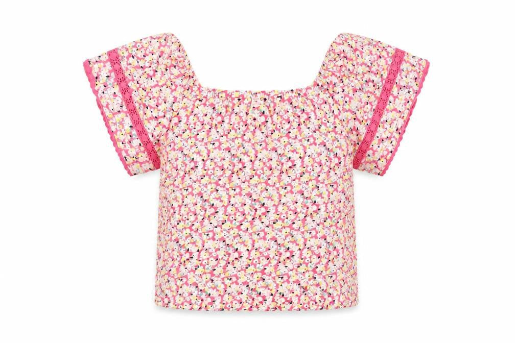 Marks and Spencer Womens Pink Floral 100% Cotton Basic Blouse Size 6 Square Neck - Crochet Detail
