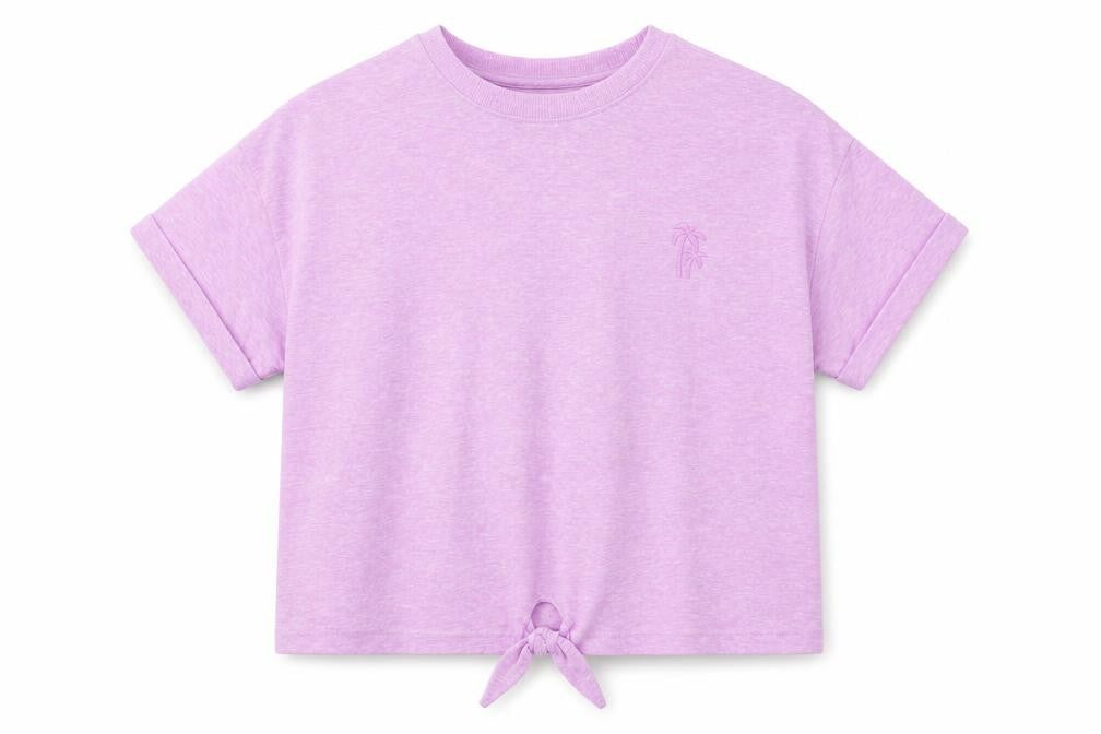 Front view of Marks & Spencer girls’ pink polyester pullover t-shirt, size 9-10, years crew neck pullover - tie front detail