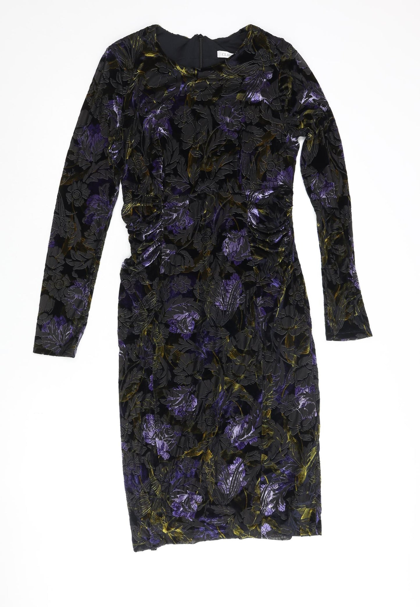 Classic Womens Multicoloured Floral Polyester Pencil Dress Size 10 Round Neck Zip - Velvet Detail Rouched