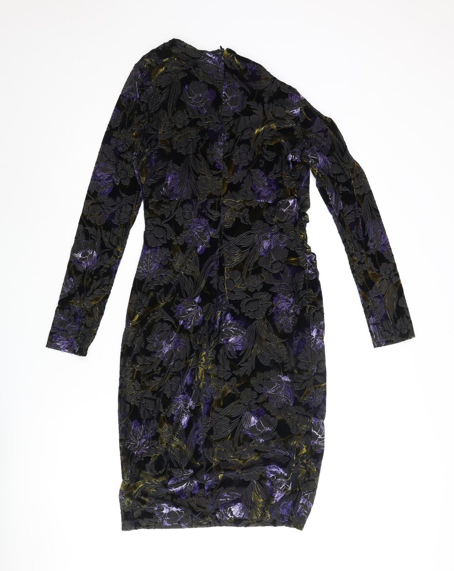 Classic Womens Multicoloured Floral Polyester Pencil Dress Size 10 Round Neck Zip - Velvet Detail Rouched