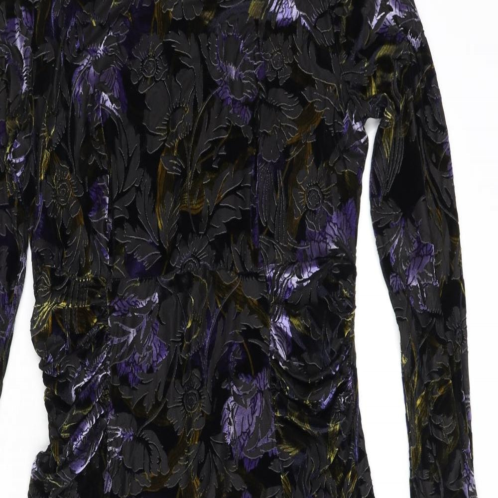 Classic Womens Multicoloured Floral Polyester Pencil Dress Size 10 Round Neck Zip - Velvet Detail Rouched