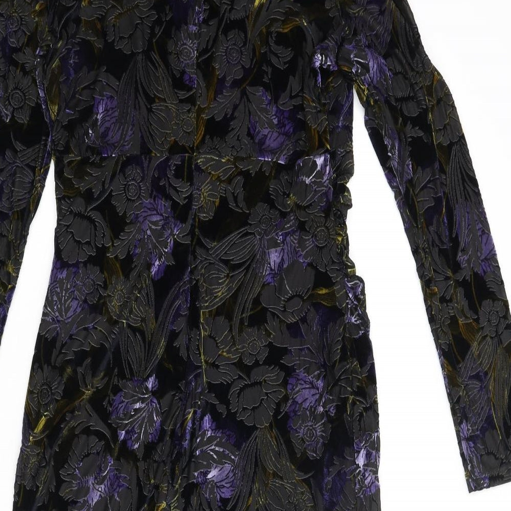 Classic Womens Multicoloured Floral Polyester Pencil Dress Size 10 Round Neck Zip - Velvet Detail Rouched