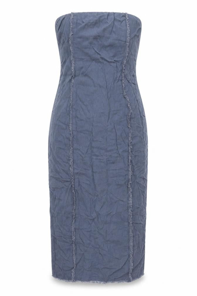 Glassons Womens Blue Linen Pencil Dress Size 12 Square Neck Zip - Raw Seam Detail