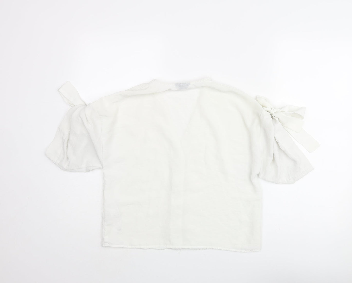 Topshop Womens White Polyester Basic Blouse Size 8 V-Neck - Sleeve Tie