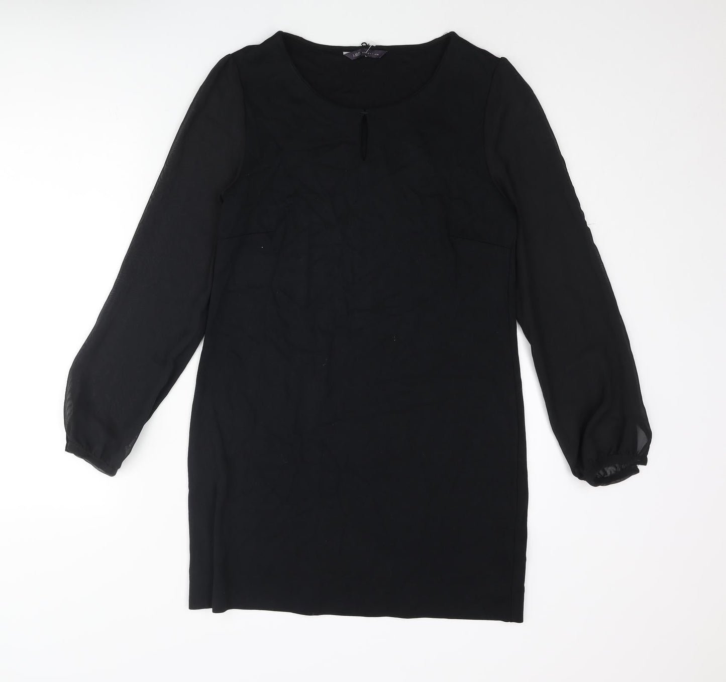 Marks and Spencer Womens Black Polyester Shift Size 12 Round Neck Button - Keyhole Neck Semi Sheer Sleeve