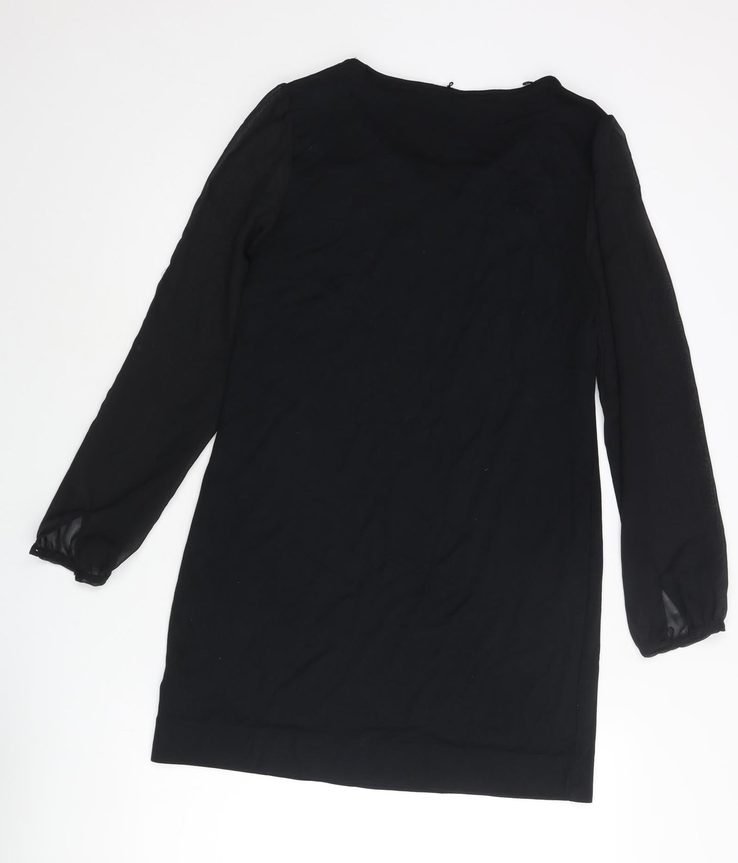 Marks and Spencer Womens Black Polyester Shift Size 12 Round Neck Button - Keyhole Neck Semi Sheer Sleeve