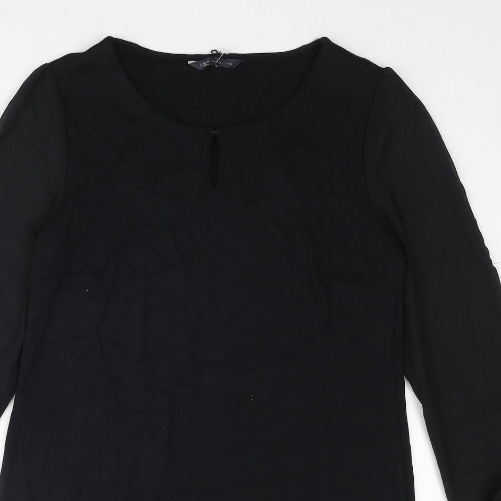Marks and Spencer Womens Black Polyester Shift Size 12 Round Neck Button - Keyhole Neck Semi Sheer Sleeve