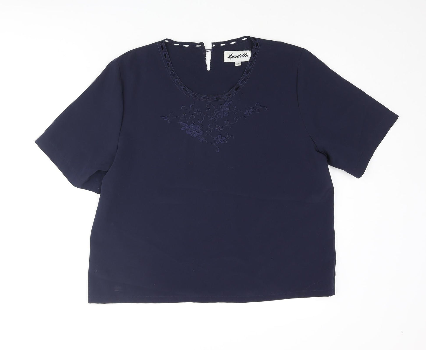 Lyndella Womens Blue Polyester Basic Blouse Size 16 Round Neck - Floral Embroidery