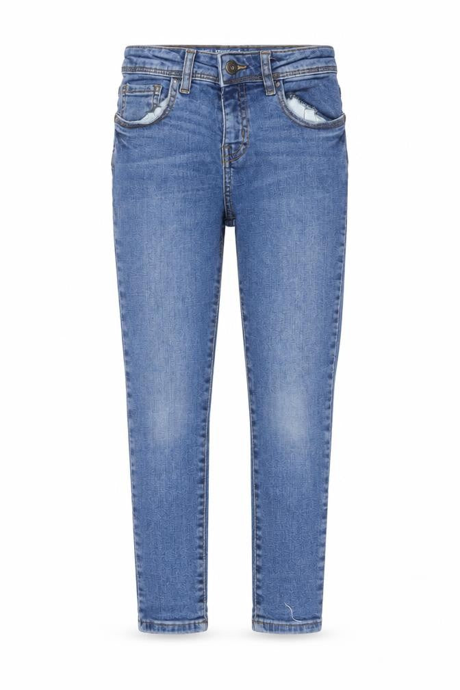 Front view of Denim & Co. girls’ blue polyester skinny jeans, size 6-7, years regular button