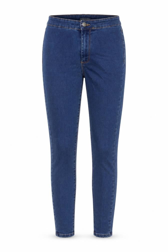 Front view of Denim & Co. women’s blue cotton jegging jeans, size UK 8, 26-inch leg regular button