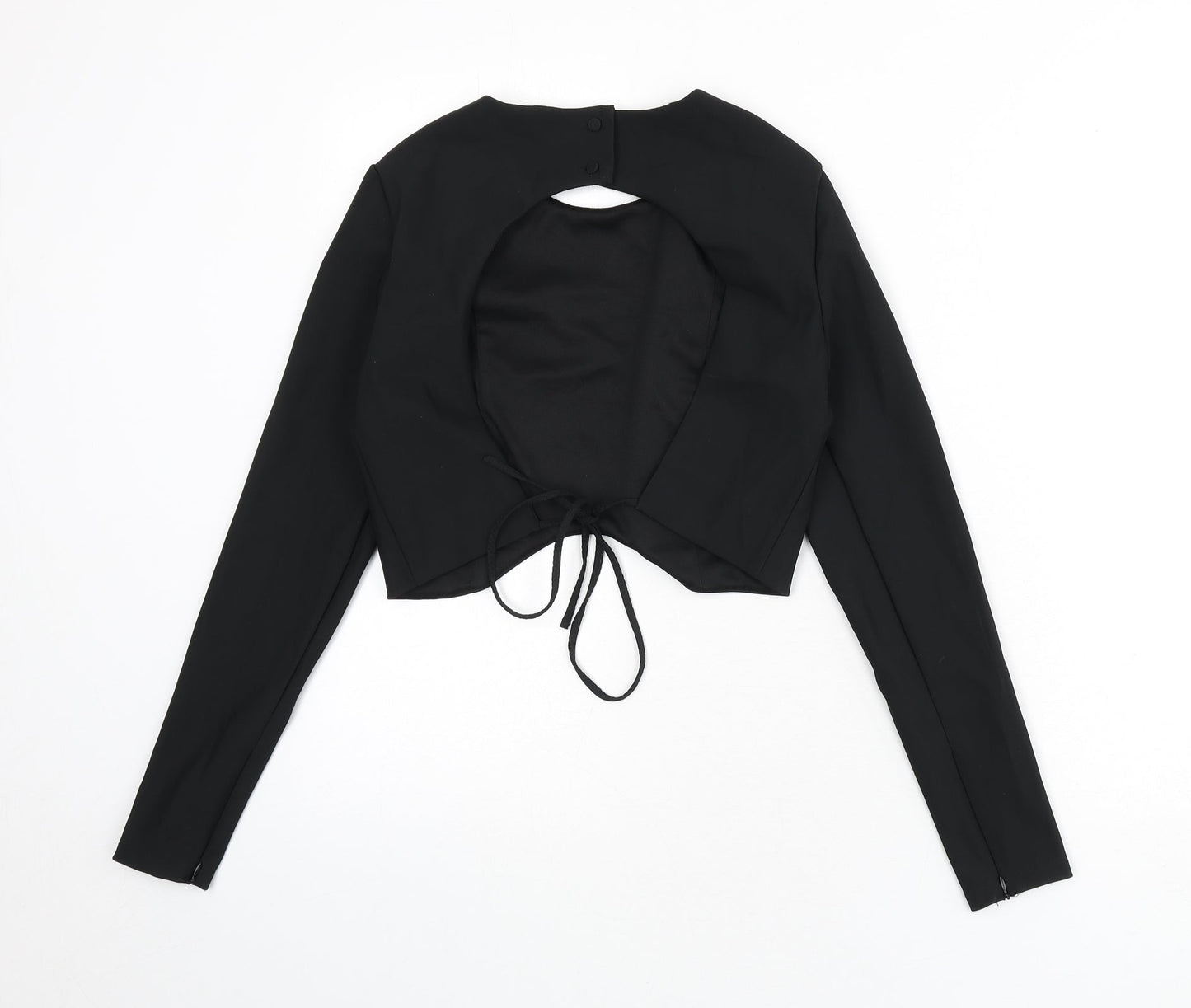 Zara Womens Black Polyester Basic T-Shirt Size M Round Neck - Tie Back, Back Cut Out