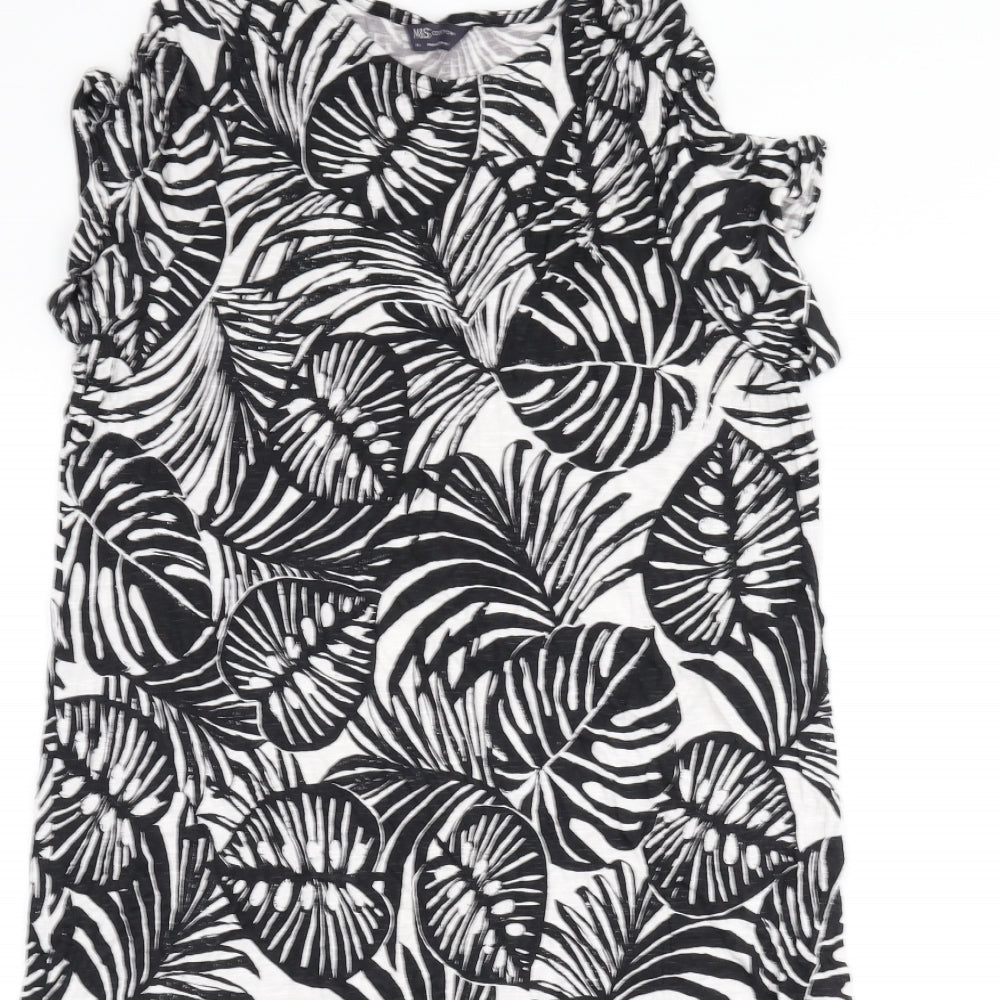 Marks and Spencer Womens Black Geometric Viscose Sheath Size 14 Round Neck Pullover - Leaf Print
