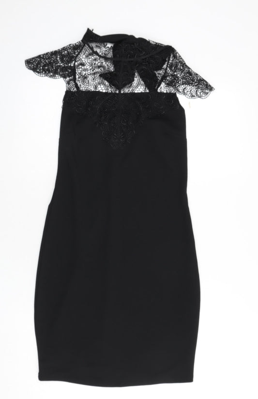 Mohito Womens Black Polyester Bodycon Size 10 Mock Neck Tie - Lace Detail