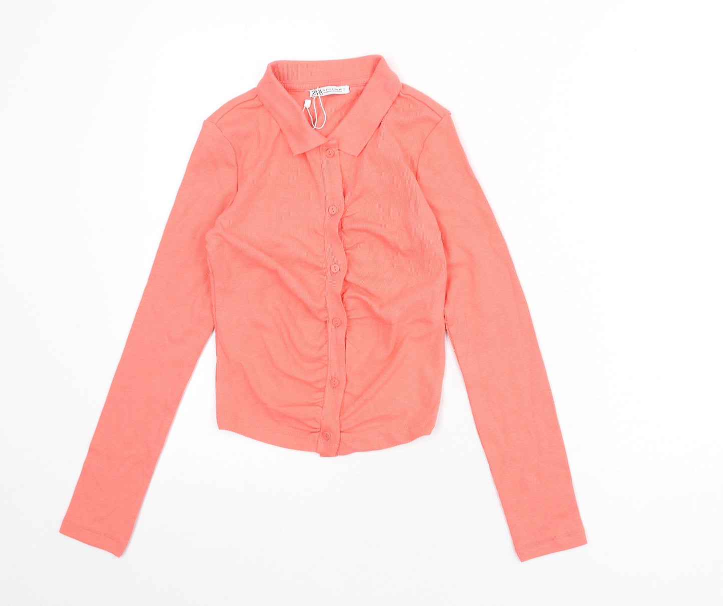 Zara Womens Pink Cotton Cropped Button-Up Size S Collared - Ribbed