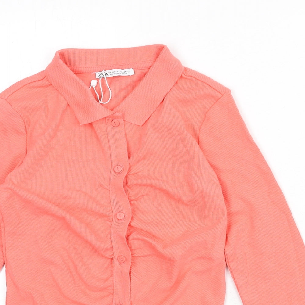 Zara Womens Pink Cotton Cropped Button-Up Size S Collared - Ribbed