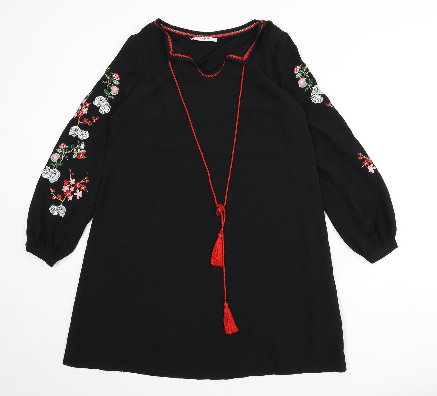 Glamorous Womens Black Polyester Sheath Size XS Round Neck Tie - Floral Embroidery