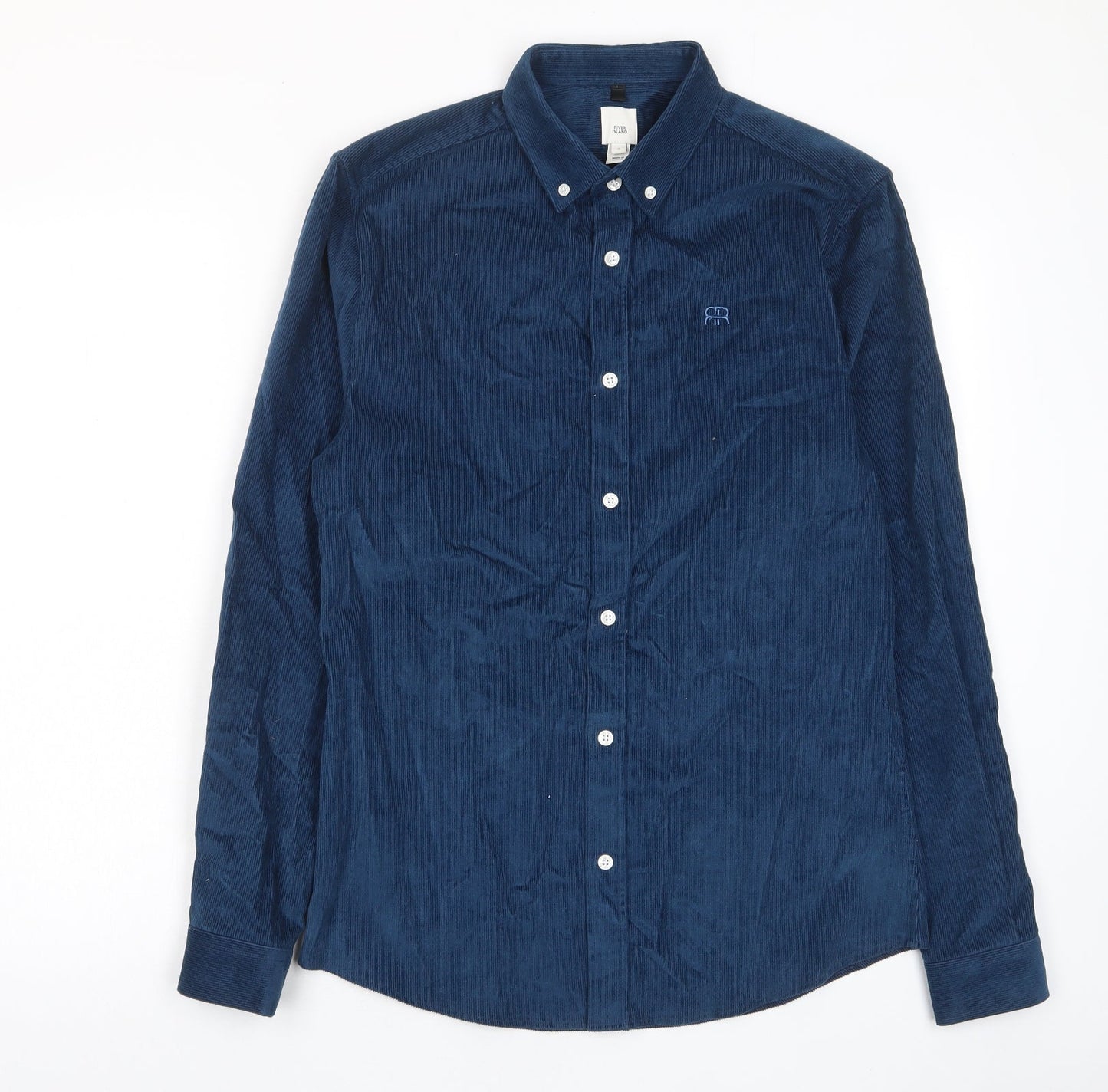 River Island Mens Blue Cotton Button-Up Size S Collared Button - Logo, Embroided
